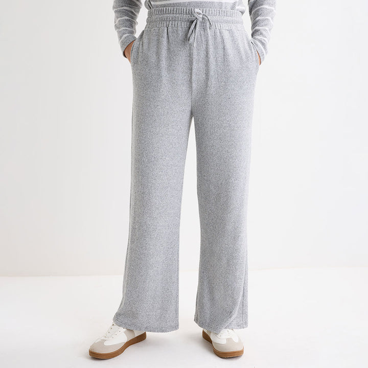 Ladies Light Grey Drawstring Wide Leg Trouser