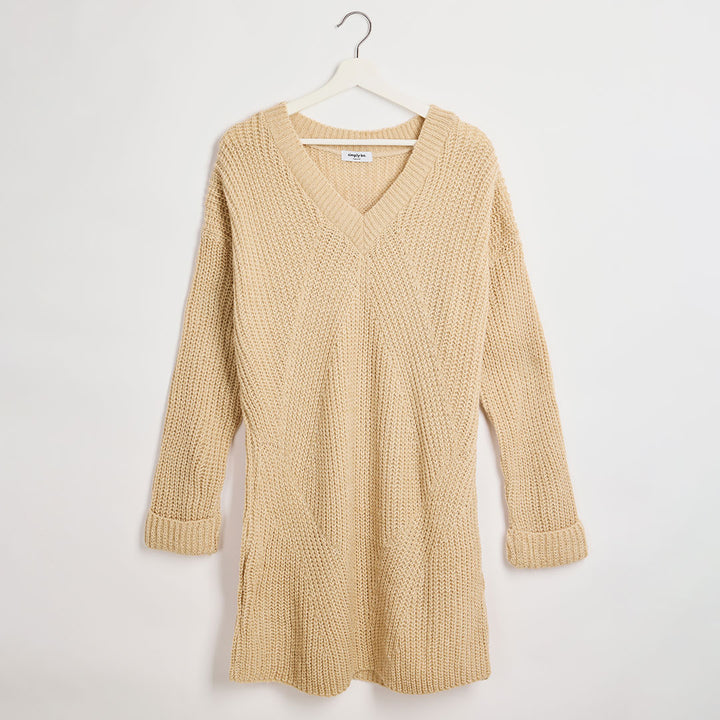 Ladies Beige V Neck Longline Knitted Jumper Dress