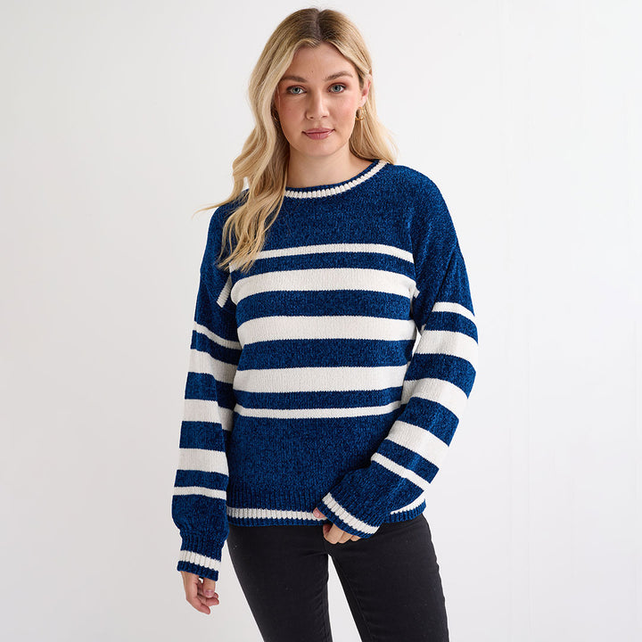 Ladies Navy Chenille Stripe Jumper