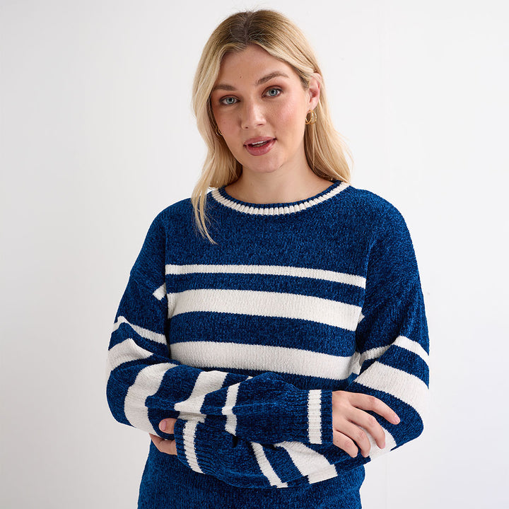 Ladies Navy Chenille Stripe Jumper