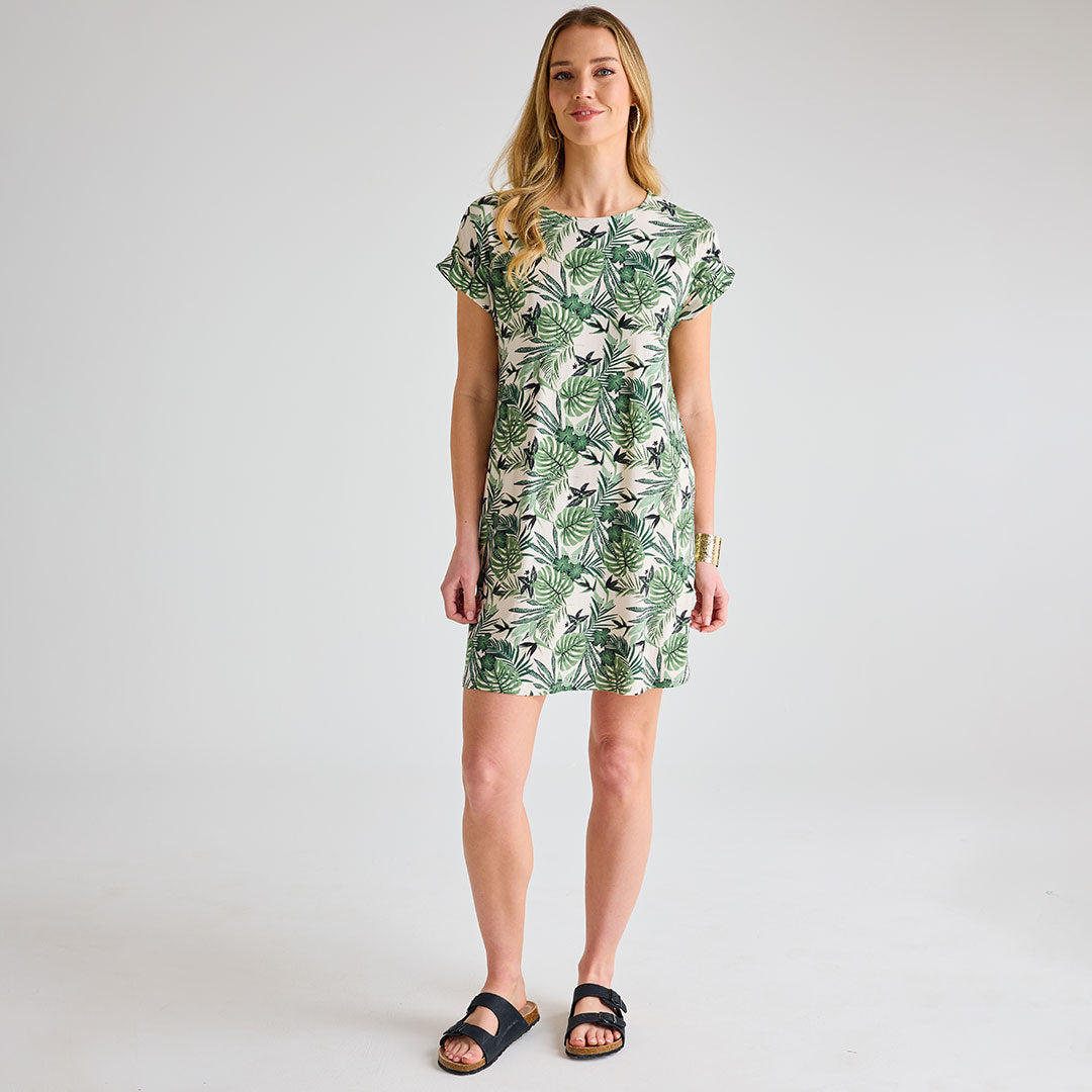 Ladies Tropical Print Crew Neck Dress