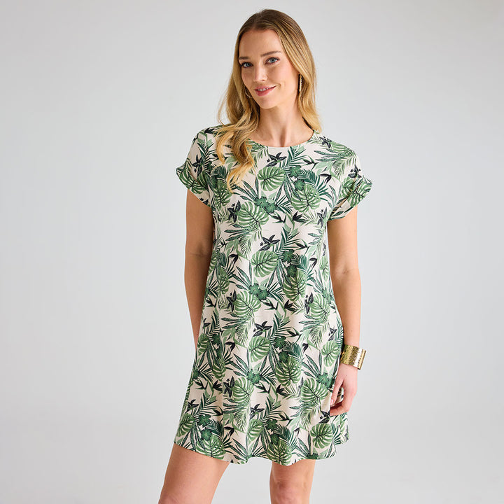 Ladies Tropical Print Crew Neck Dress