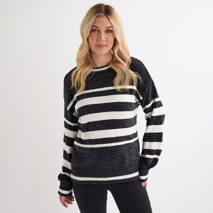 Ladies Charcoal Chenille Stripe Jumper