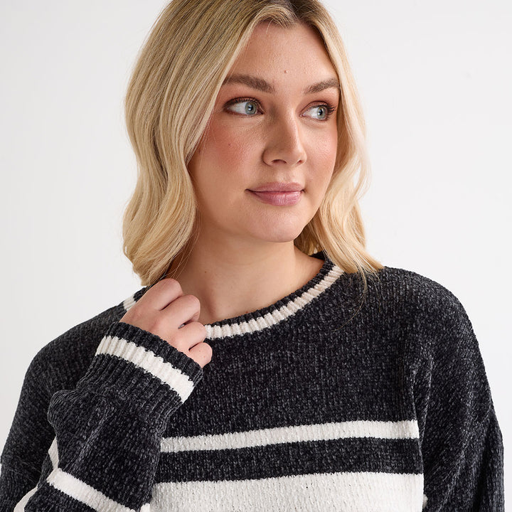 Ladies Charcoal Chenille Stripe Jumper