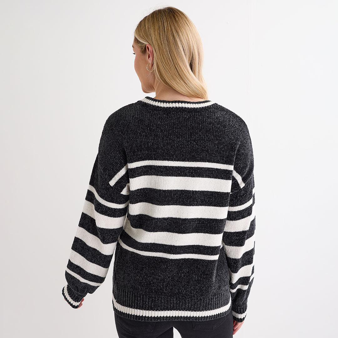Ladies Charcoal Chenille Stripe Jumper