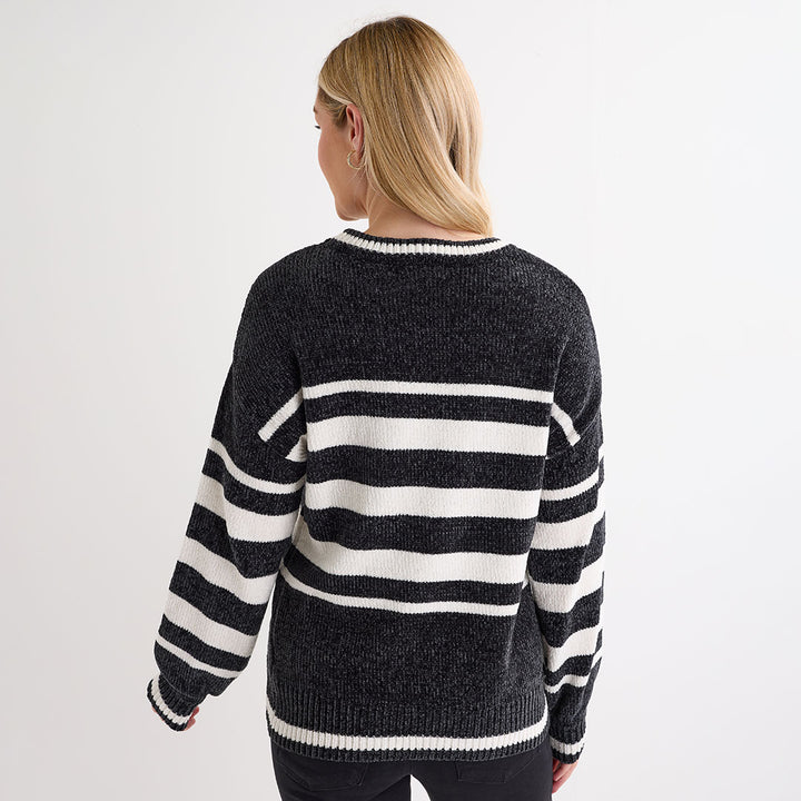 Ladies Charcoal Chenille Stripe Jumper