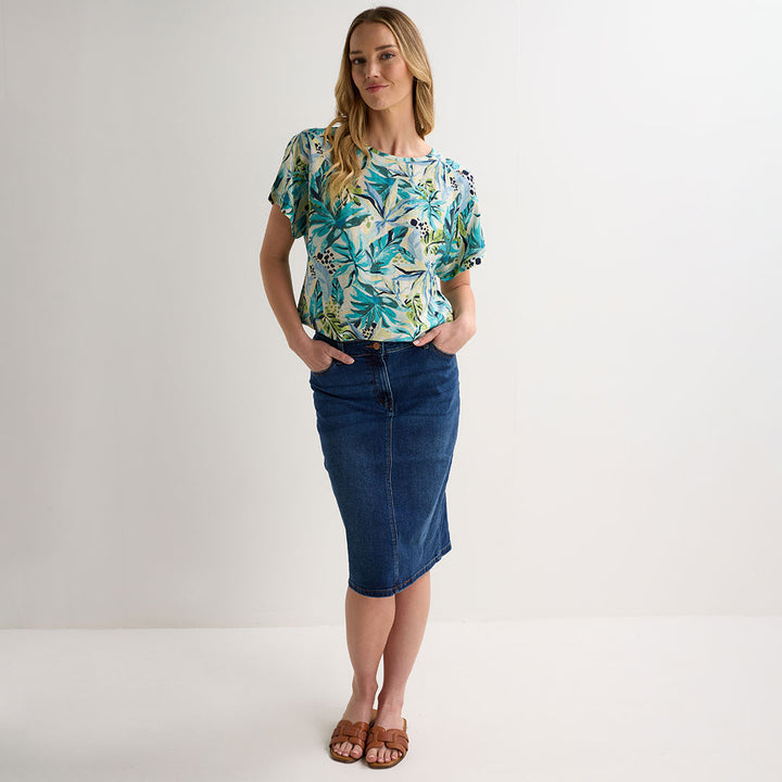 Ladies Turquoise Palm Drop Shoulder Top