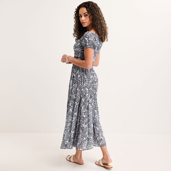 Ladies Navy Leaf Bardot Print Midi Dress