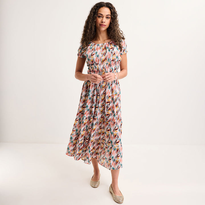 Ladies Mint Feather Bardot Print Midi Dress