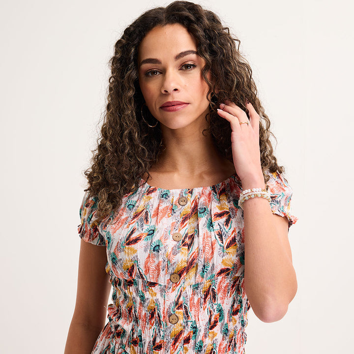 Ladies Mint Feather Bardot Print Midi Dress