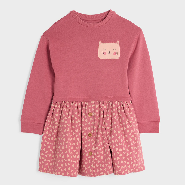 Girls Button Pink Heart Long Sleeve Dress