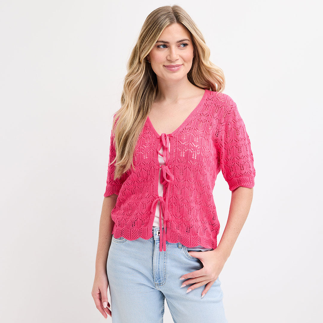 Ladies Cerise Short Sleeve Bow Cardigan