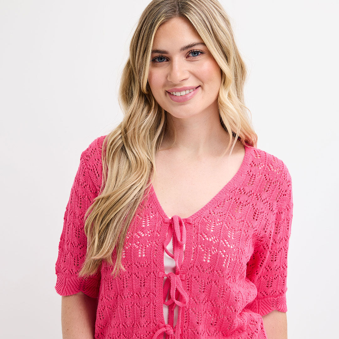 Ladies Cerise Short Sleeve Bow Cardigan