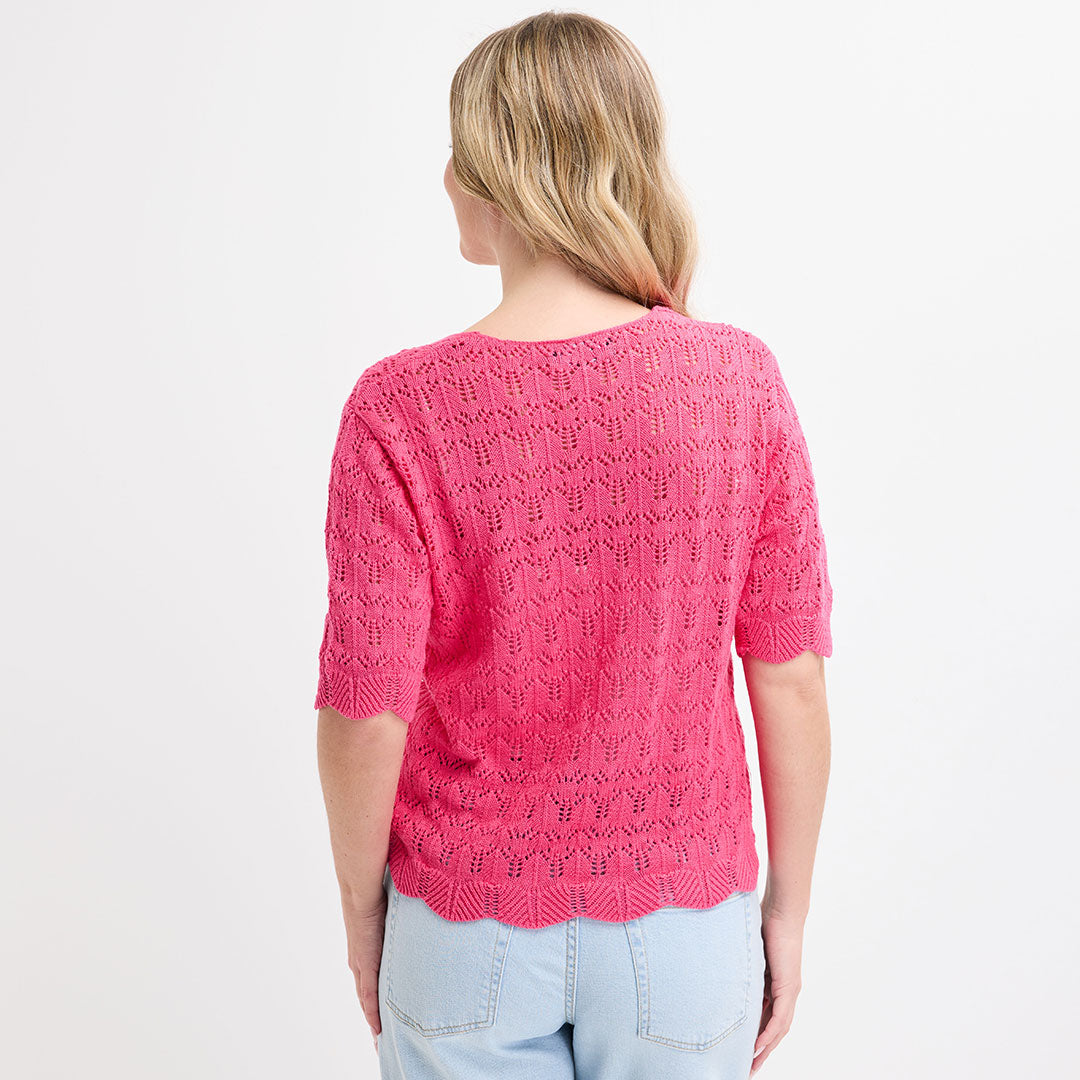 Ladies Cerise Short Sleeve Bow Cardigan