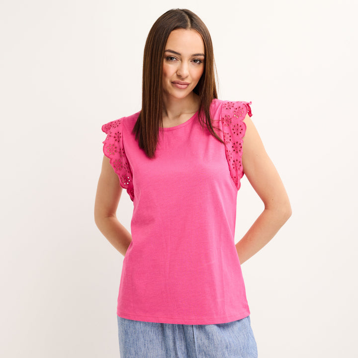 Ladies Pink Frill Sleeve Cotton Slub Tee