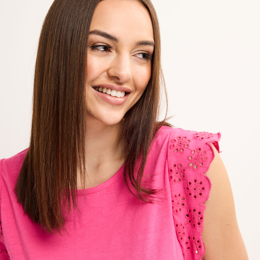 Ladies Pink Frill Sleeve Cotton Slub Tee