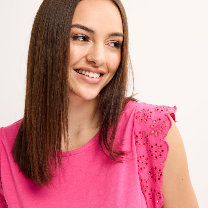 Ladies Pink Frill Sleeve Cotton Slub Tee