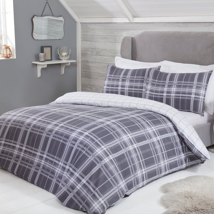 Sleepdown Reversible Grey Tartan Check Single Duvet Set