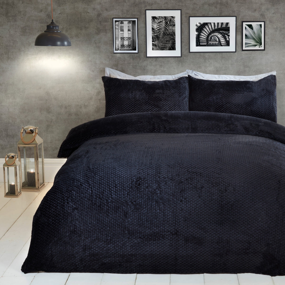 Sleepdown Waffle Teddy Fleece Black Duvet Set