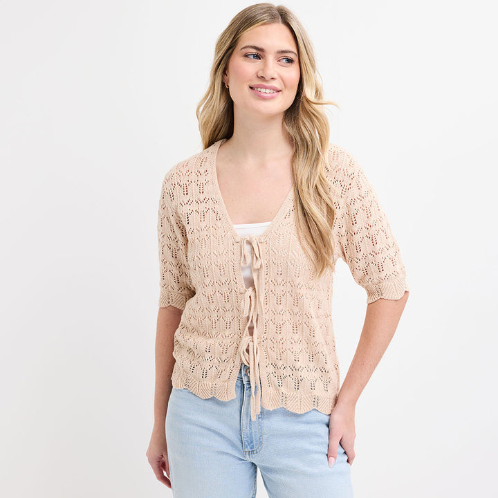 Ladies Beige Short Sleeve Bow Cardigan