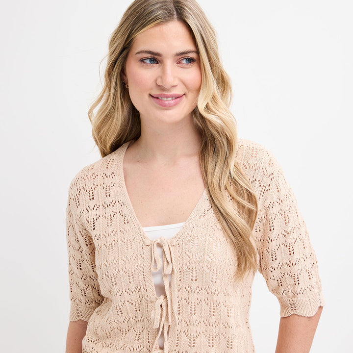 Ladies Beige Short Sleeve Bow Cardigan
