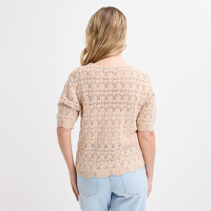 Ladies Beige Short Sleeve Bow Cardigan