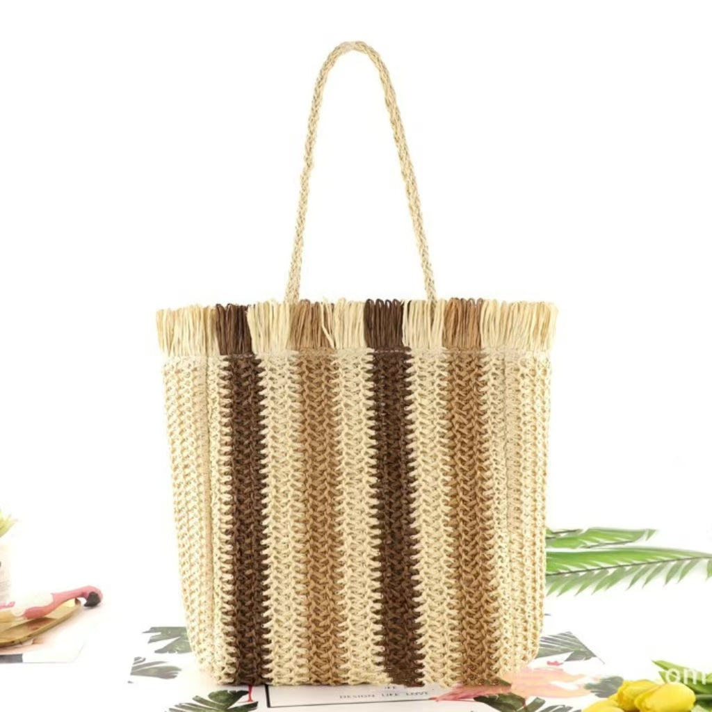Brown Woven Stripe Beach Bag