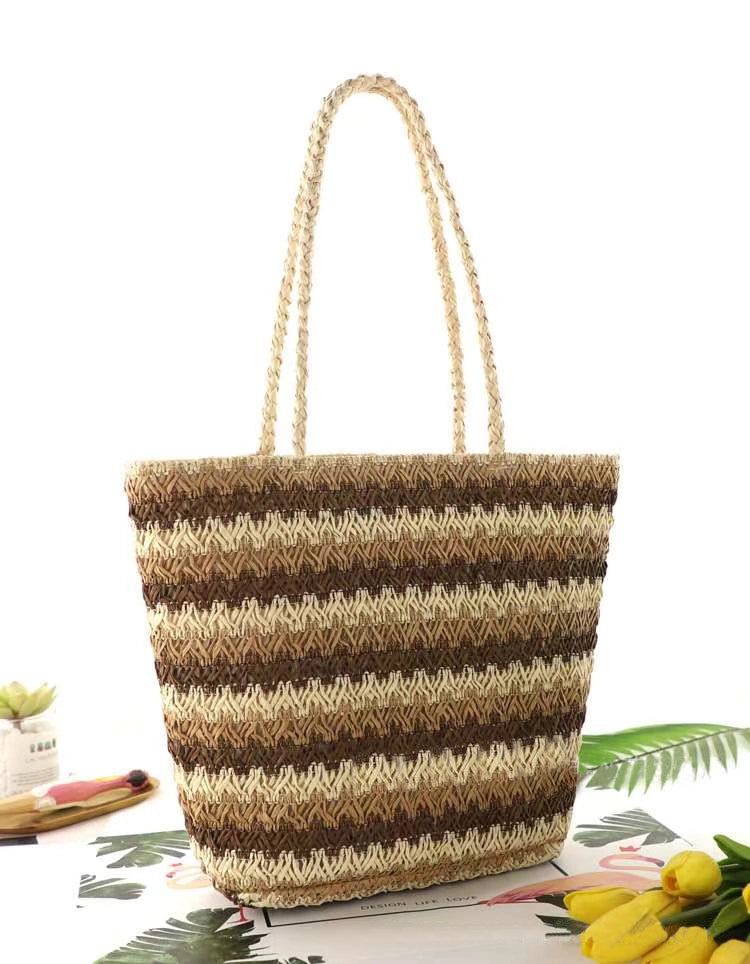 Brown Stripe Straw Beach Bag