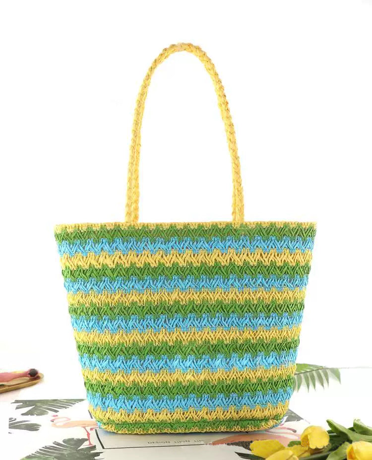 Green Stripe Straw Beach Bag