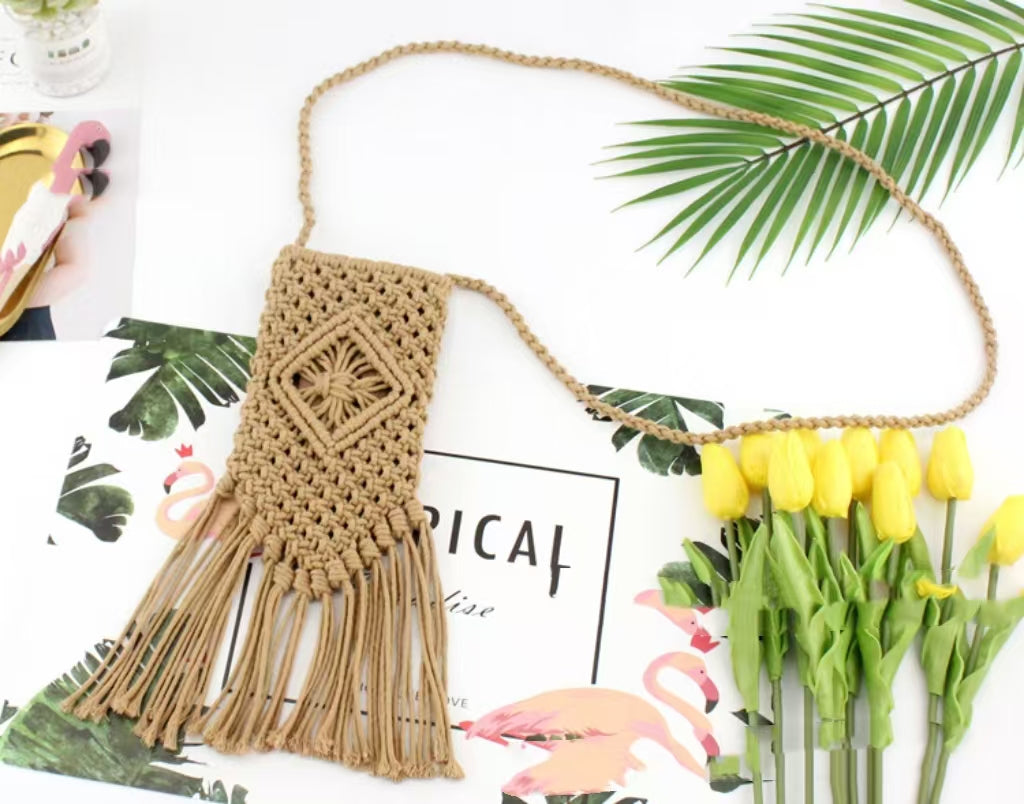 Brown Woven Crossbody Bag With Tassels