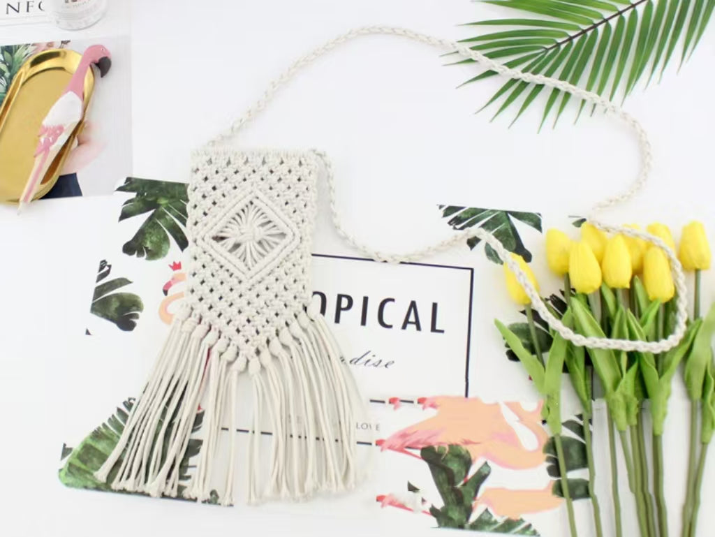 White Woven Crossbody Bag With Tassels