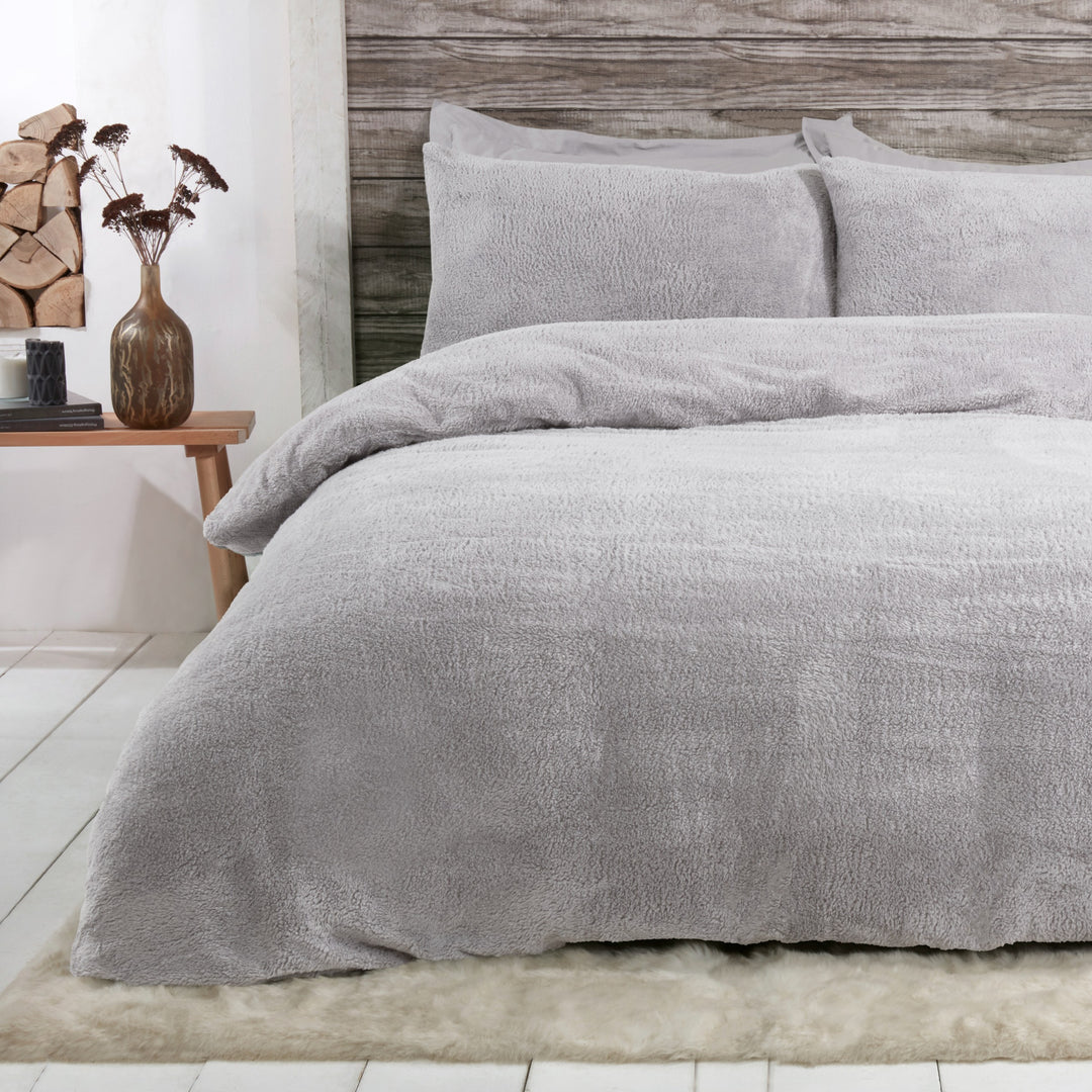 Sleepdown Grey Teddy Fleece King Duvet Set