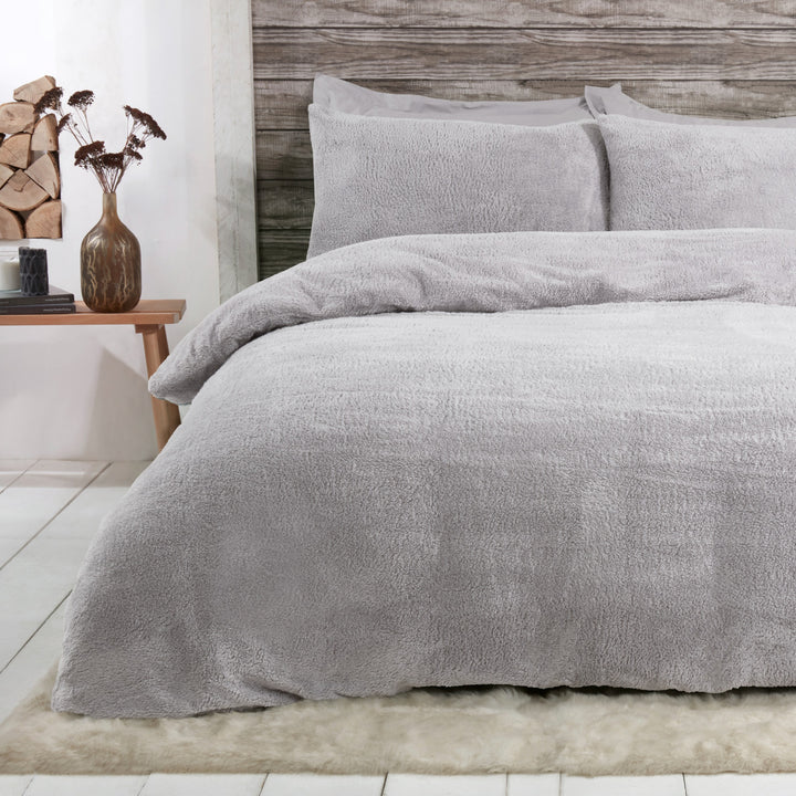 Sleepdown Grey Teddy Fleece King Duvet Set