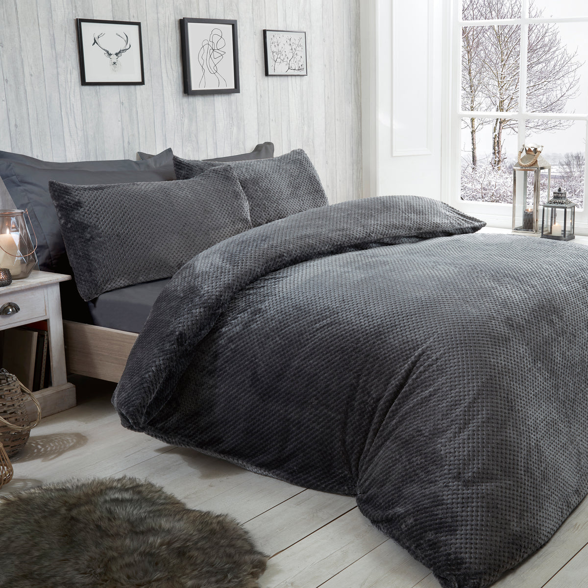 Sleepdown Waffle Teddy Fleece Grey Duvet Set