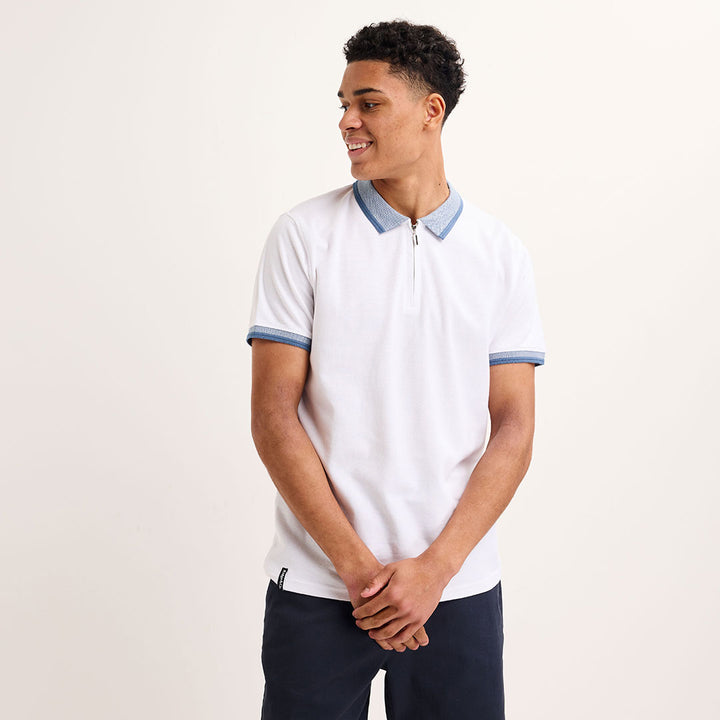 Mens White Zip Neck Polo