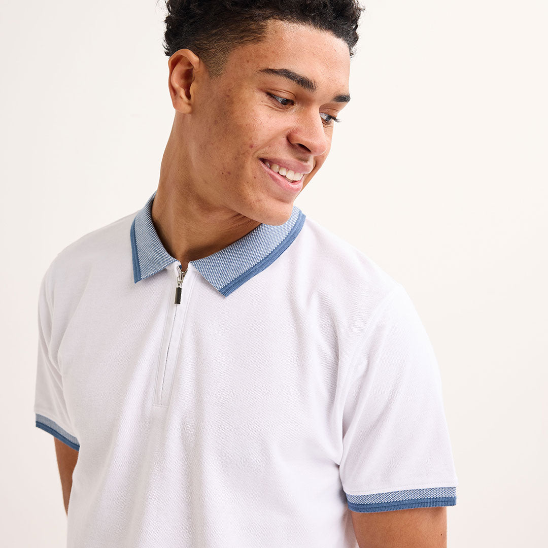 Mens White Zip Neck Polo