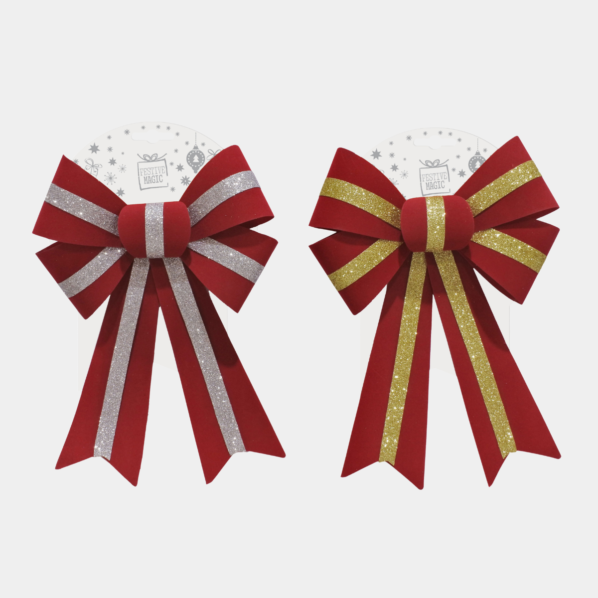 Red flocked bow 30cm glitt stripe