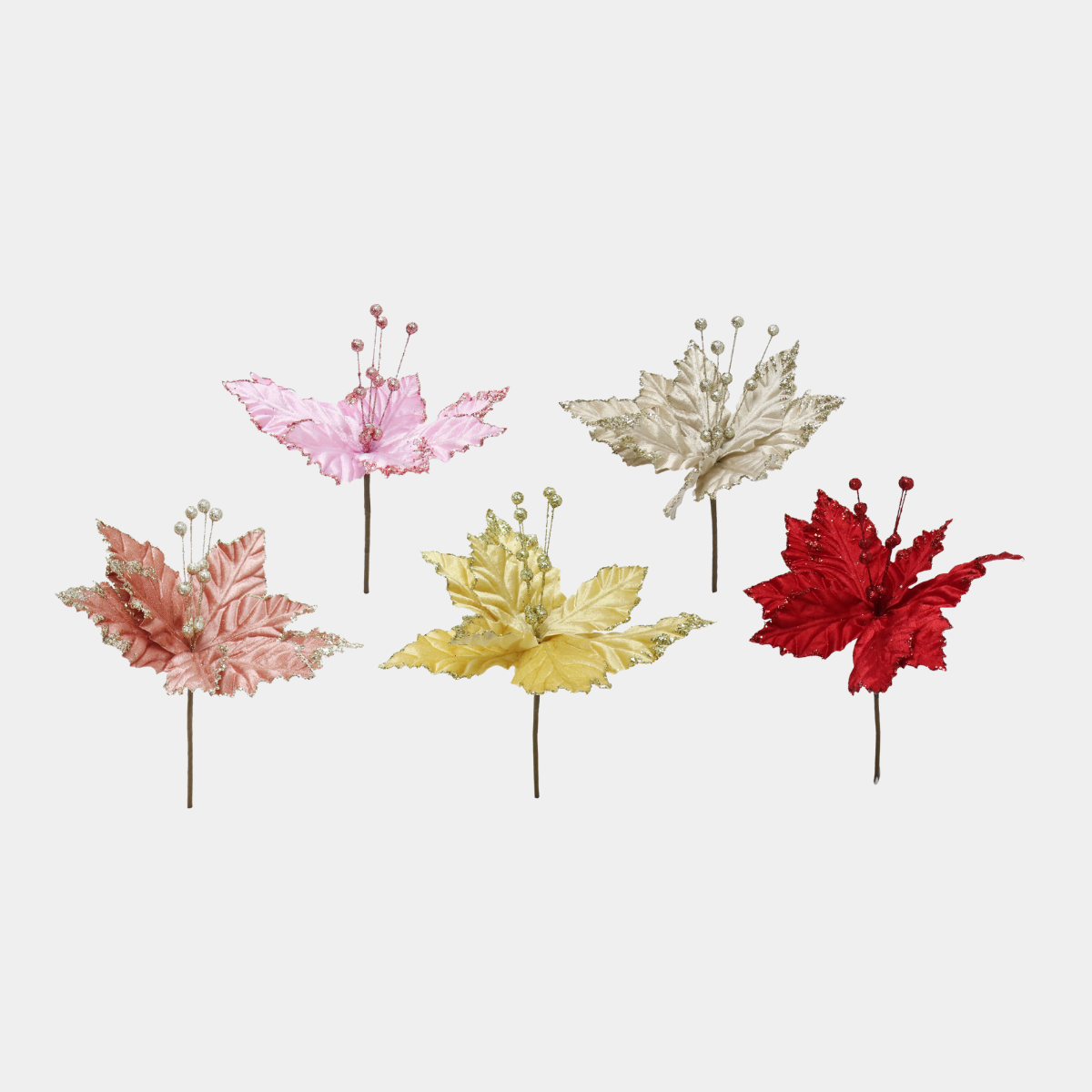 Poinsettia velvet glitter 22cm asst
