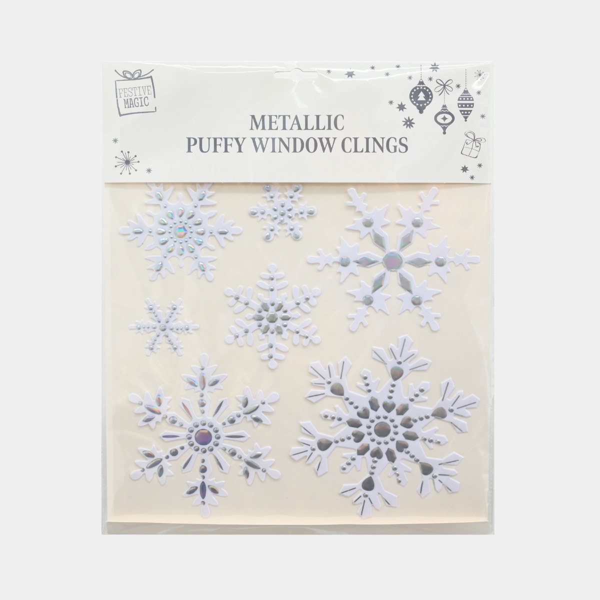 Metallic puffy snowflakes window cling