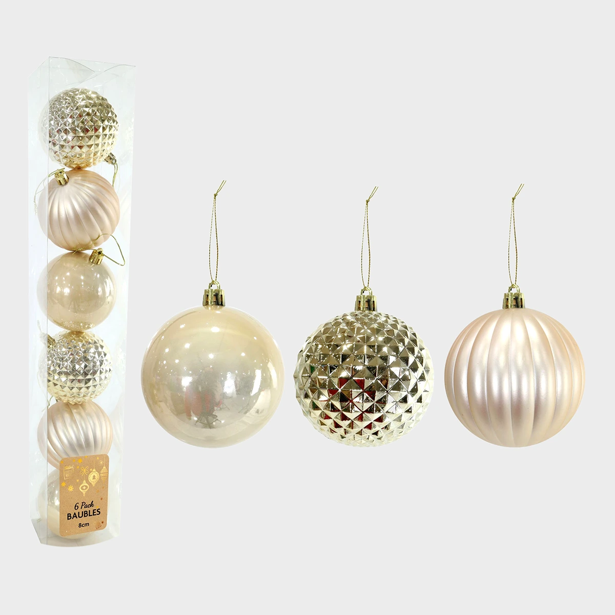 6pk 80mm Champagne Baubles