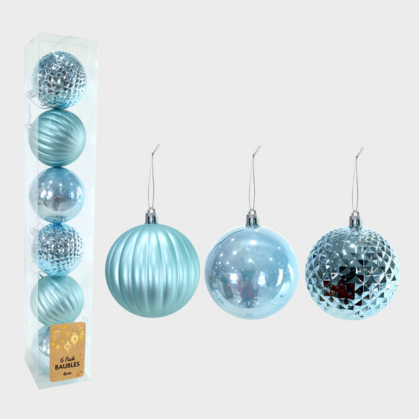 Baubles 80mm 6pk Light Blue