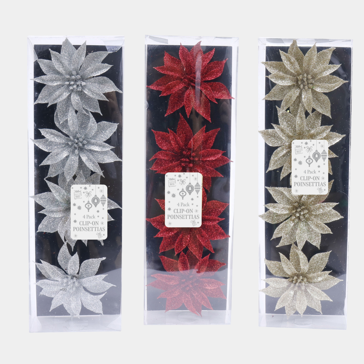 Clip on poisettia 4 pack 9cm glitter