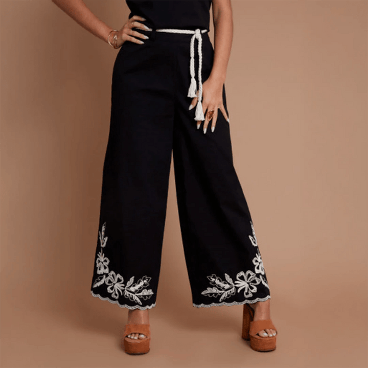 Another Sunday 3/4 Length Wide Leg Embroidered Trouser With Ecru Belt from You Know Who's