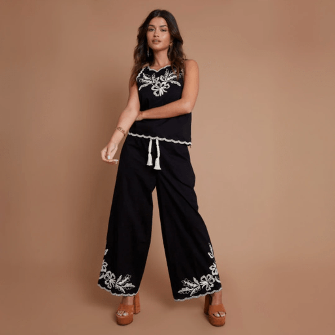 Another Sunday 3/4 Length Wide Leg Embroidered Trouser With Ecru Belt from You Know Who's