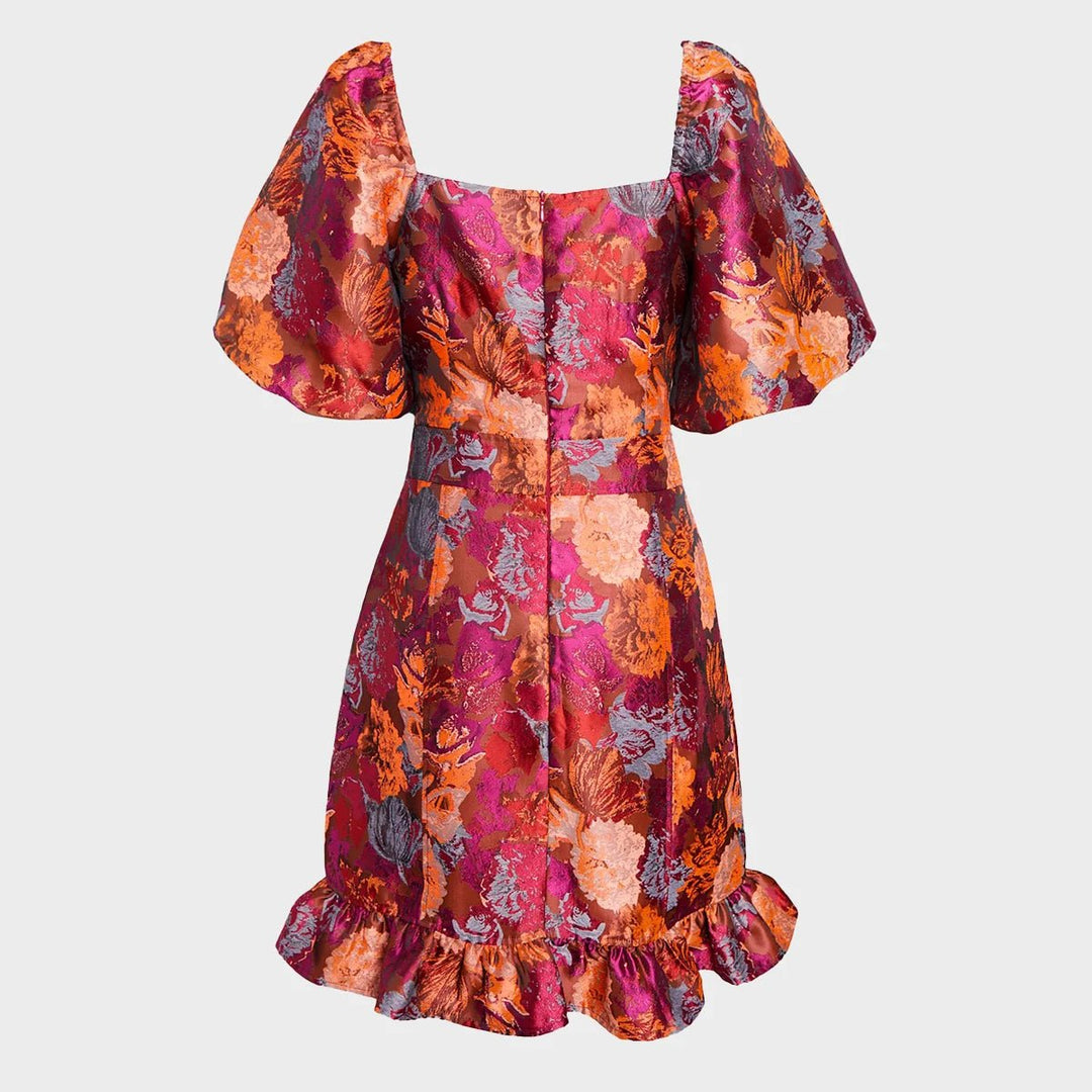 Puffed Sleeves Purple Floral Jacquard Dress Puffed Sleeves Purple Floral Jacquard Dress