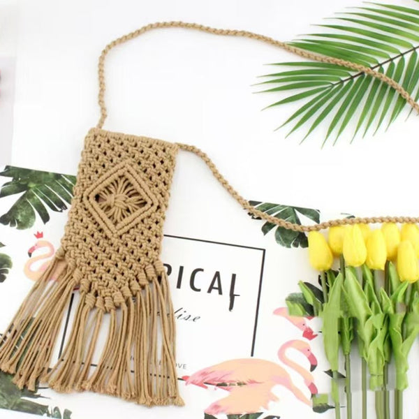 Beige Woven Crossbody Bag With Tassels from You Know Who's