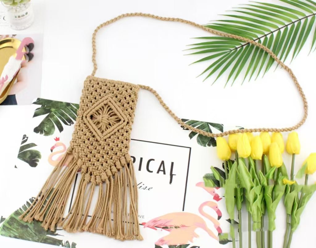 Beige Woven Crossbody Bag With Tassels from You Know Who's
