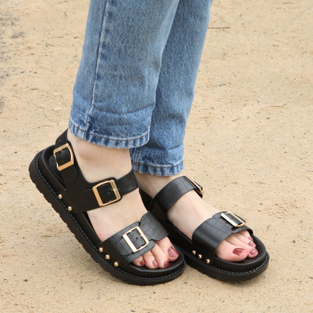 Black Croc Double Buckle Sandals from You Know Who's