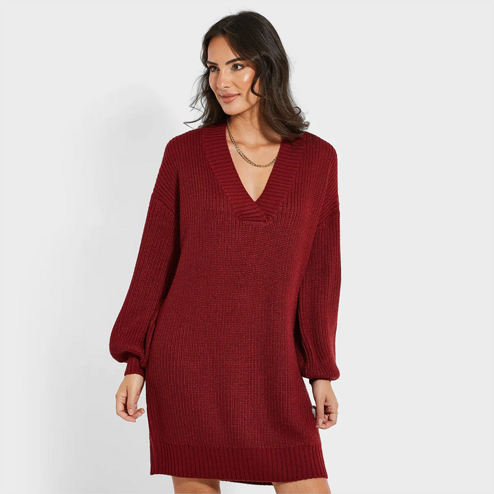 Threadbare Ladies Red V-Neck Knitted Dress