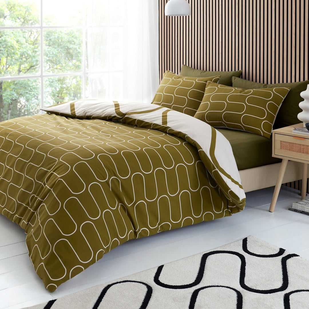 Catherine Lansfield Linear Curve Olive Geo Bedding Set from You Know Who's